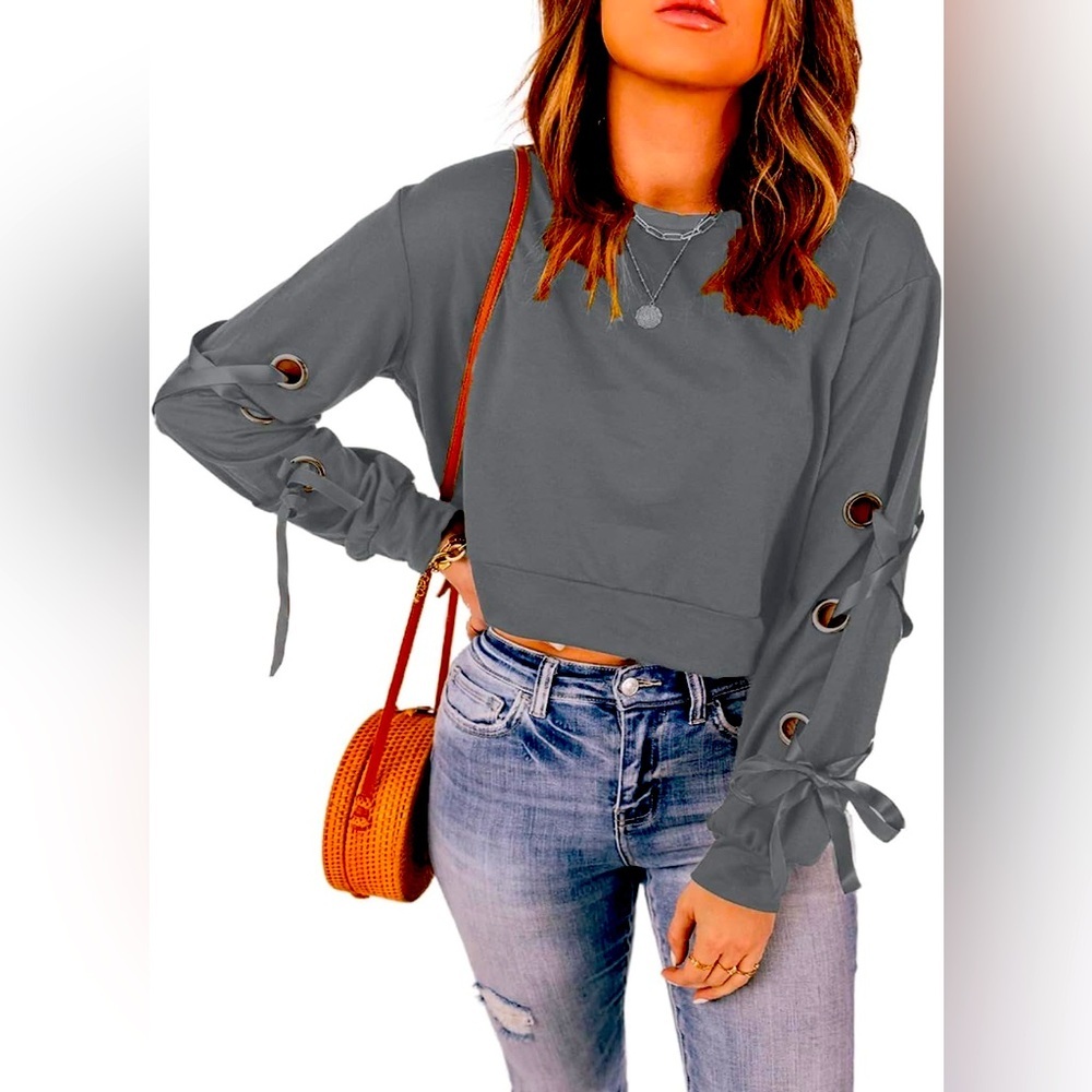 Gray/Blue Lace-Up Sleeve Crop Sweatshirt